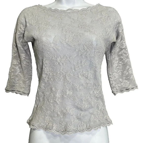 bebe Tops - Bebe Y2K Silver Metallic Floral Lace Top Sheer Boat Neck Scalloped Trim M Party